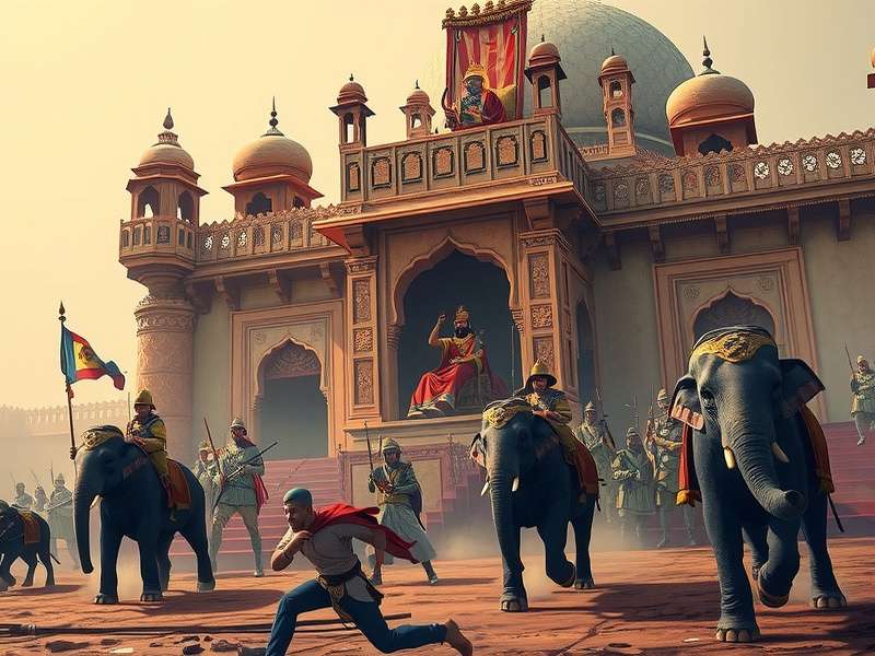 Mughal Royal Court battle scene with elephants and soldiers